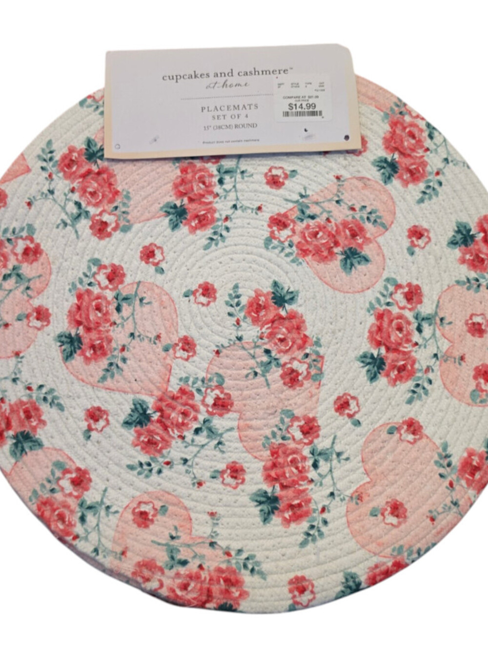 Cupcakes & Cashmere Set Of 4 Round Placemats Hearts Floral NEW Cottage Core